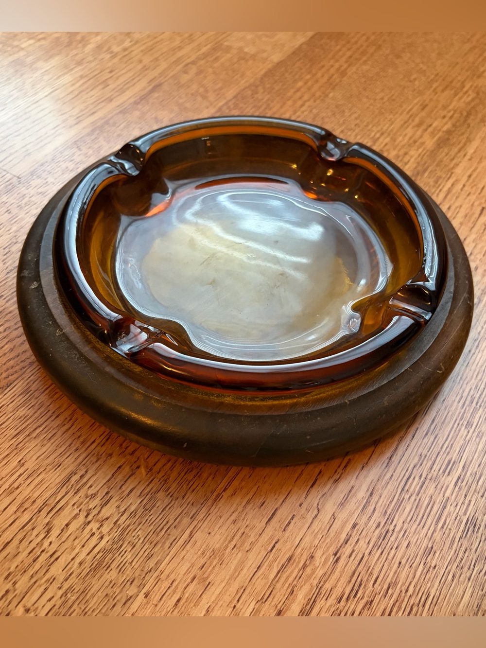 Vintage MCM Amber Glass Ashtray Walnut Wood Base Large 9.5" Mid Century Modern